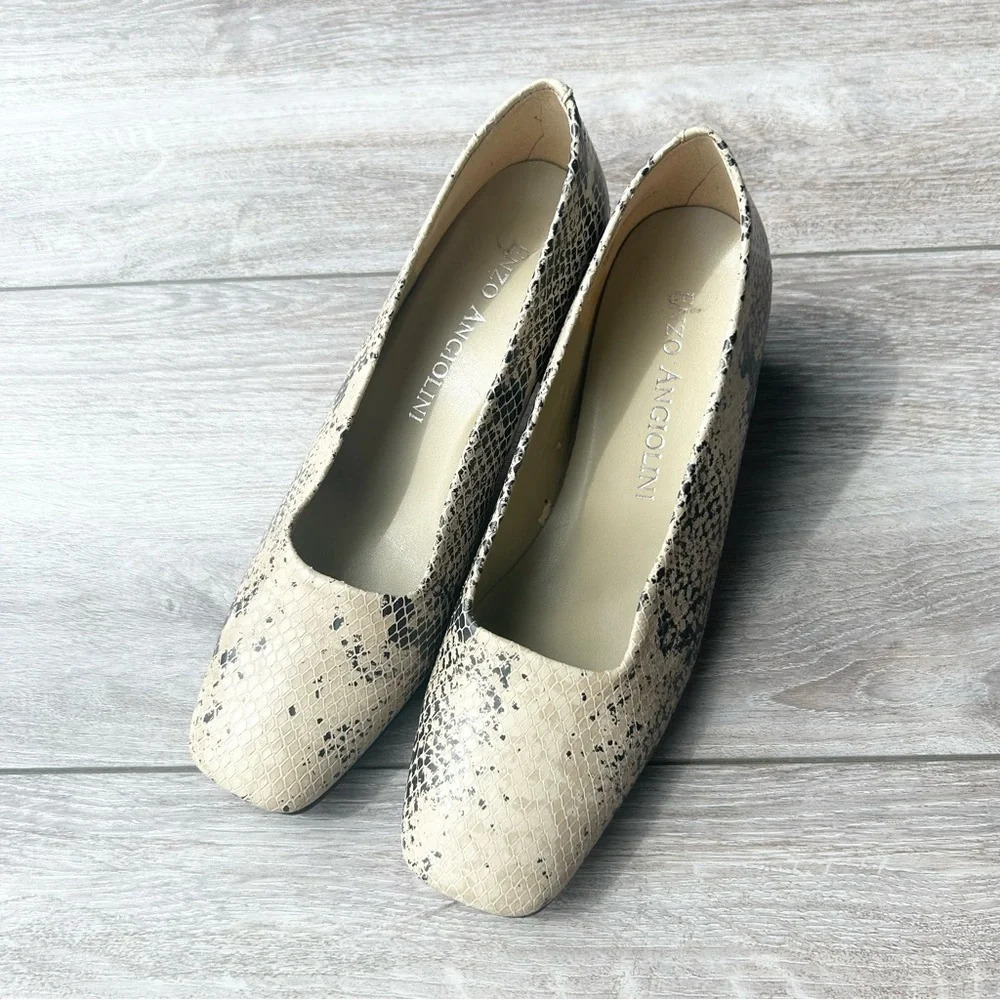 Enzo Angiolini Snake Skin Square Toe Block Heel Pumps